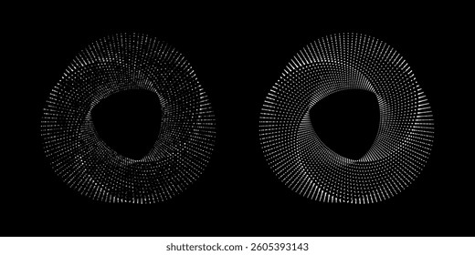 Abstract Geometric Dotted Circle Shape, Modern Halftone Technology Pattern, Dynamic Round Optical Illusion Design in Black and White. Vector Illustration.