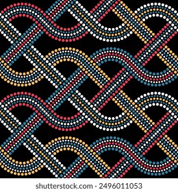 Abstractas malla geométrica de puntos con líneas onduladas entrelazadas sobre un fondo negro. Diseño de estilo retro étnico con Pequeños círculos en amarillo, rojo, azul y blanco. Patrón de repetición sin fisuras.