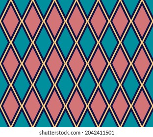 Abstract geometric drawing with lines, rhombus Seamless vector background. Turquoise-pink texture