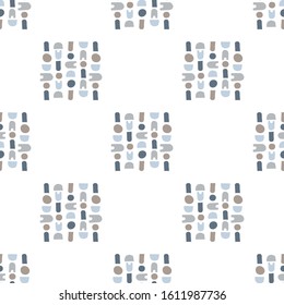 Abstract geometric drawn elements are collected in squares. Seamless vector pattern on white background.