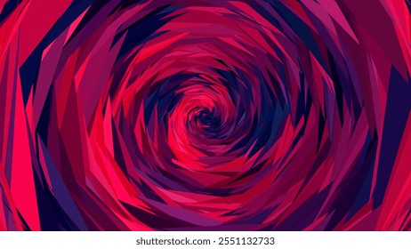 Abstractas fondo de obra de arte dinámico geométrico de rosa vibrante futurista moderno hecho de Formas triangulares superpuestas agudas con efecto espiral en tonos de rojo, rosa y púrpura. Ilustración vectorial