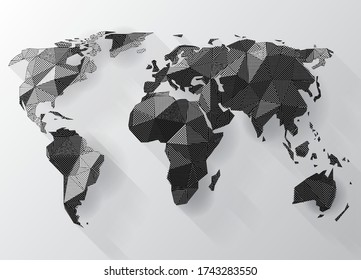 Abstract geometric earth map concept. Low poly style shapes made by parallel lines and dots. Earth geography created by halftone textures.