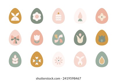 Abstract geometric easter egg icons. Pastel color minimalistic easter illustrations with cute bunny, flower, candle, carrot shapes.