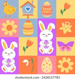 Abstract geometric Easter seamless pattern. Geometric mosaic. Colorful Easter bunny, chick, eggs and flowers. Spring time. Eggs hunt. Banner, background, digital paper. 