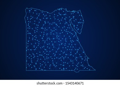Abstract geometric of Egypt map polygonal line, structure and point scales on blue dark background with lights and dots. Vector illustration eps 10.