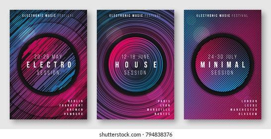 Abstract geometric electronic music poster designs, brochure cover templates, flyers. Vector illustration. Global swatches.