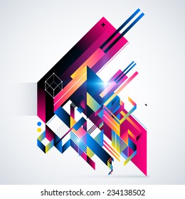 Abstract geometric element with colorful gradients and glowing lights. Corporate futuristic design, useful for presentations, advertising and web layouts. EPS10 vector illustration.