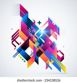 Abstract geometric element with colorful gradients and glowing lights. Corporate futuristic design, useful for presentations, advertising and web layouts. EPS10 vector illustration.