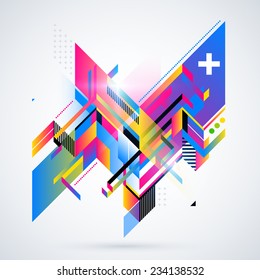 Abstract geometric element with colorful gradients and glowing lights. Corporate futuristic design, useful for presentations, advertising and web layouts. EPS10 vector illustration.