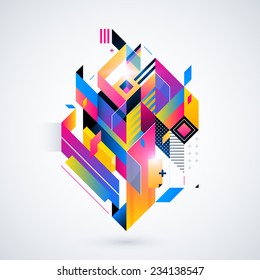 Abstract geometric element with colorful gradients and glowing lights. Corporate futuristic design, useful for presentations, advertising and web layouts. EPS10 vector illustration.