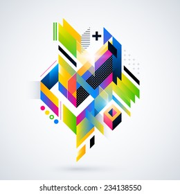 Abstract geometric element with colorful gradients and glowing lights. Corporate futuristic design, useful for presentations, advertising and web layouts. EPS10 vector illustration.