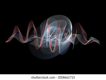 Abstract geometric element with dynamic linear waves. Vector illustration of light lines on a black background