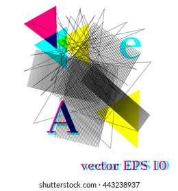 Abstract geometric element, letter and lines, imitation CMYK color. Suprematism modern style, avant-garde art. Pattern for poster, card, calendar. Corporate design, advertising, web layouts. EPS10.
