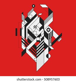 Abstract geometric element on red background. Style of futurism and constructivism. Useful as prints or posters.