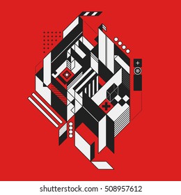 Abstract geometric element on red background. Style of futurism and constructivism. Useful as prints or posters.