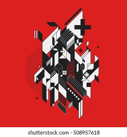 Abstract geometric element on red background. Style of futurism and constructivism. Useful as prints or posters.