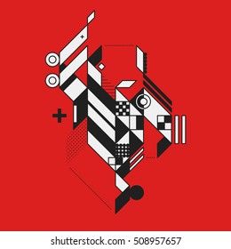 Abstract geometric element on red background. Style of futurism and constructivism. Useful as prints or posters.