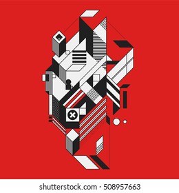 Abstract geometric element on red background. Style of futurism and constructivism. Useful as prints or posters.