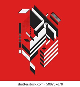 Abstract geometric element on red background. Style of futurism and constructivism. Useful as prints or posters.