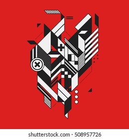 Elemento geométrico abstracto sobre fondo rojo. Estilo de futurismo y constructivismo. Útil como impresiones o carteles.