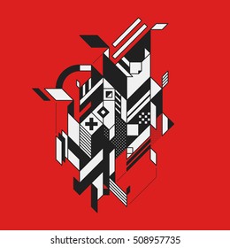 Abstract geometric element on red background. Style of futurism and constructivism. Useful as prints or posters.