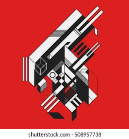 Abstract geometric element on red background. Style of futurism and constructivism. Useful as prints or posters.