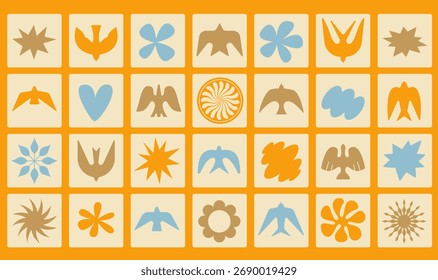Abstract geometric elements of birds, flowers, sun shapes in a retro minimal style for textile prints, wallpapers, packaging, branding in a vintage aesthetic