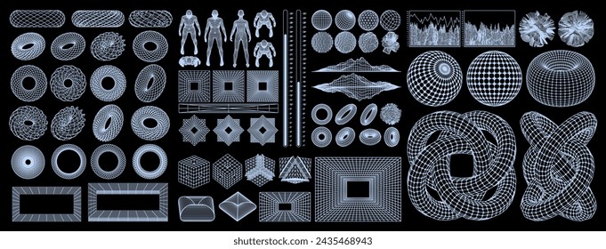 Abstract geometric elements for design. Futuristic 3D wireframe shapes, torus and sphere. Vector blanks for posters, business cards, banners, stickers