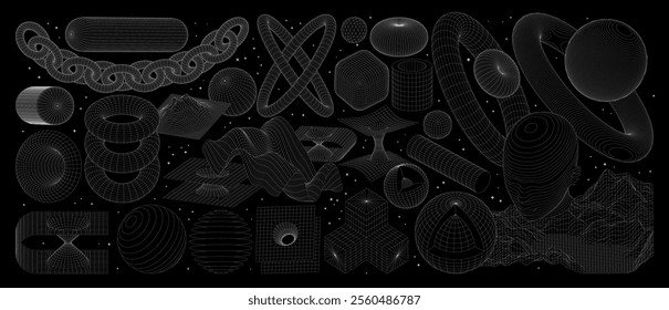 Abstract geometric elements for design. Futuristic 3D wireframe shapes, mountains and torus. Vector blanks for posters, business cards, banners, stickers