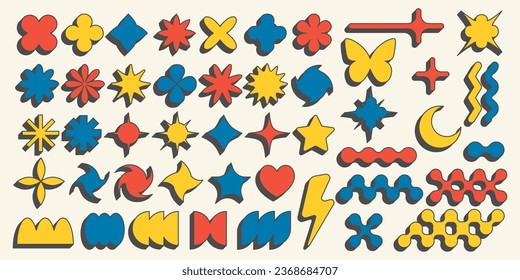 Resumen de elementos geométricos para el diseño. Formas gráficas del neobrutalismo. Pegatinas retro de groovía mínima Y2k. Conjunto de etiquetas retro. Flores vectoriales simples, mariposa y estrellas