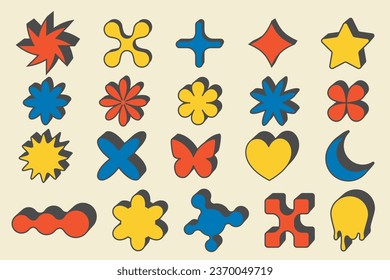 Abstract geometric elements for design. Neobrutalism graphic shapes. Minimal groovy Y2k retro stickers. Set of retro labels. Simple vector flowers, butterfly and stars