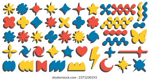 Abstract geometric elements for design. Neobrutalism graphic shapes. Minimal groovy Y2k retro stickers. Set of retro labels. Simple vector flowers, butterfly and stars