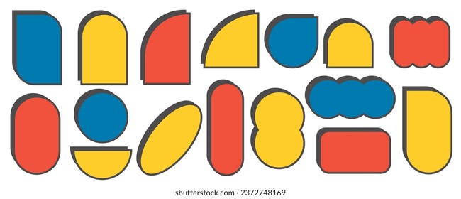 Abstract geometric elements for design. Neobrutalism graphic shapes. Minimal groovy Y2k retro stickers. Set of retro labels. Simple vector frames