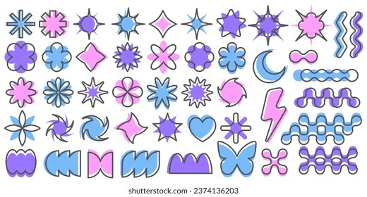 Abstract geometric elements for design. Neobrutalism graphic shapes. Minimal groovy Y2k retro stickers. Set of retro labels. Simple vector flowers, butterfly and stars