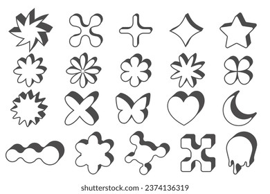 Resumen de elementos geométricos para el diseño. Formas gráficas del neobrutalismo. Pegatinas retro de groovía mínima Y2k. Conjunto de etiquetas retro. Flores vectoriales simples, mariposa y estrellas
