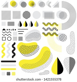 Abstract geometric elements in fashion memphis style. Black, yellow and white texture background with simple geometric shapes