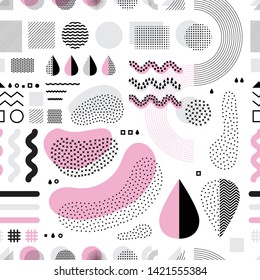 Abstract geometric elements in fashion memphis style. Black, pink and white texture background with simple geometric shapes