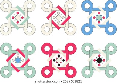 Abstract geometric elements in the form of intertwined circles and squares of different colors. Background for postcards, presentations, websites, textiles.
