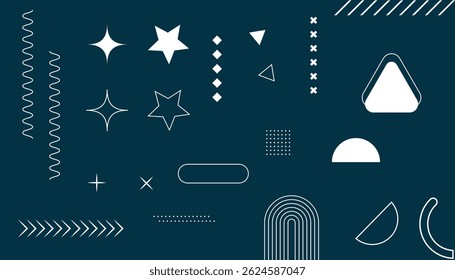 Abstract geometric elements in line art style. Set of trendy minimal shapes including stars, waves, arrows, rainbows, and symbols.