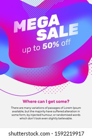 Abstract geometric elements. Mega Sale dynamical forms, flowing liquid shapes, wavy lines. Gradient blue and pink color. Template for logo, flyer or poster. Vector illustration