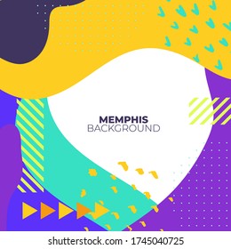 Resumen de elementos geométricos al estilo Memphis. Tarjetas de diseño abstractas perfectas con impresiones azules, violetas, amarillas, en color, volantes, banners, invitaciones, ofertas especiales y más. 