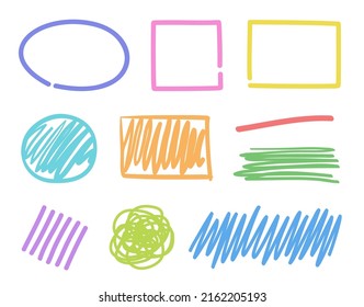 Abstract geometric elements on white. Freehand colored hatchings. Sketchy objects. Hand drawn abstract lines. Colorful illustration