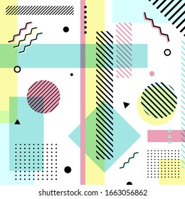 Abstract Geometric Elements Pastels Color Pattern Memphis Style on White Background. Trendy Design for Invitation Card, Brochure, Banner Web, Poster, etc. Vector Illustration