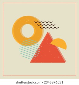 Abstract Geometric elements in retro texture style. Background with geometric shapes. Riso print effect. Cover design. Modern minimalist art print. Vector illustration    