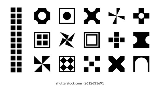 Abstract geometric elements , set black minimal shapes, swiss design on white background
