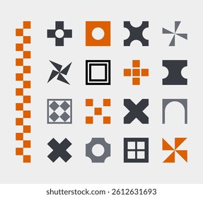 Abstract geometric elements , set gray orange black minimal shapes, swiss design on white background