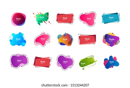 Abstract geometric elements set. Modern colorful shapes on white background with sample text. Trendy minimal templates for presentations, banners, posters and flyers. Vector illustration