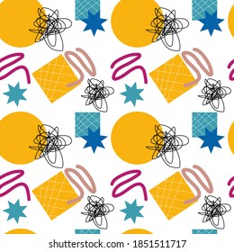Resumen de elementos geométricos y pulveriza un patrón vectorial sin fisuras. El patrón es adecuado para postales, tela, papel de envoltura o carteles.