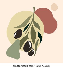 Abstract geometric elements and strokes, leaves and berries, olive, tangerine. Design for postcards, print. Modern art in pastel colors.