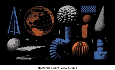 Abstract geometric elements. Universal 3D bitmap shapes with dither, halftone, stipplism effects. In a minimalistic style, graphics for posters, banners, business cards, clothes